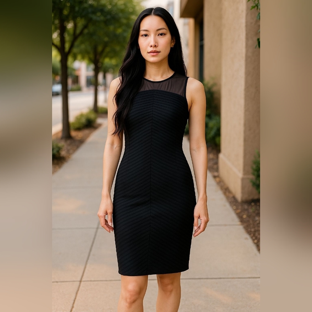 Calvin Klein Black Mesh Detail Sheath Dress Sz 12 Cocktail Dress